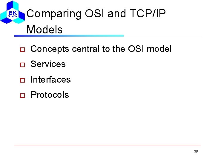 Comparing OSI and TCP/IP Models Concepts central to the OSI model Services Interfaces Protocols