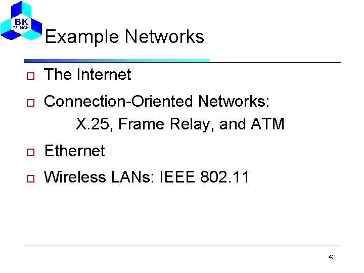 Example Networks The Internet Connection-Oriented Networks: X. 25, Frame Relay, and ATM Ethernet Wireless
