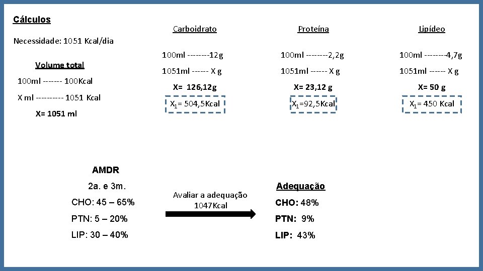 Cálculos Carboidrato Proteína Lipídeo 100 ml ----12 g 100 ml ----2, 2 g 100