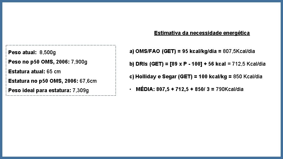 Estimativa da necessidade energética Peso atual: 8, 500 g a) OMS/FAO (GET) = 95