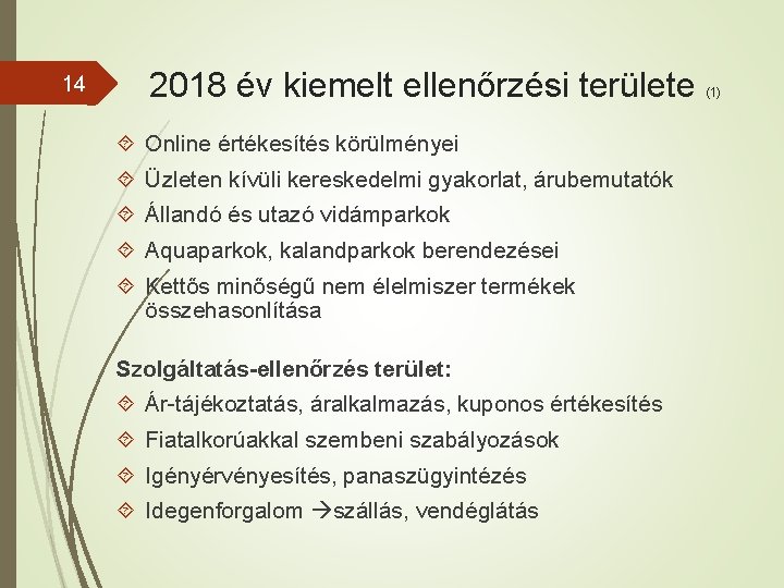 14 2018 év kiemelt ellenőrzési területe Online értékesítés körülményei Üzleten kívüli kereskedelmi gyakorlat, árubemutatók