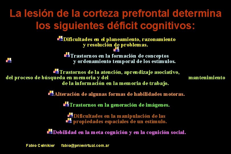 La lesión de la corteza prefrontal determina los siguientes déficit cognitivos: Dificultades en el