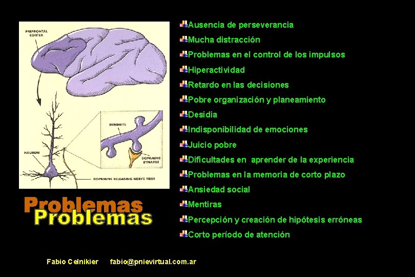 Ausencia de perseverancia Mucha distracción Problemas en el control de los impulsos Hiperactividad Retardo