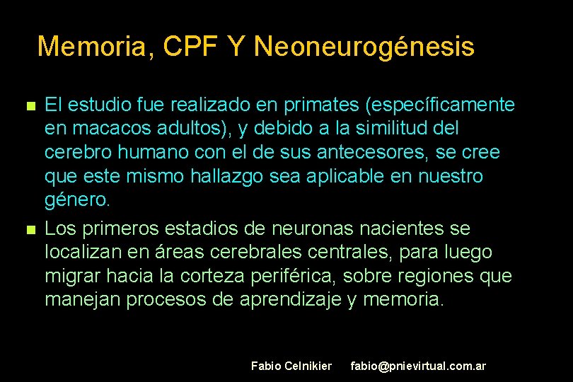 Memoria, CPF Y Neoneurogénesis n n El estudio fue realizado en primates (específicamente en