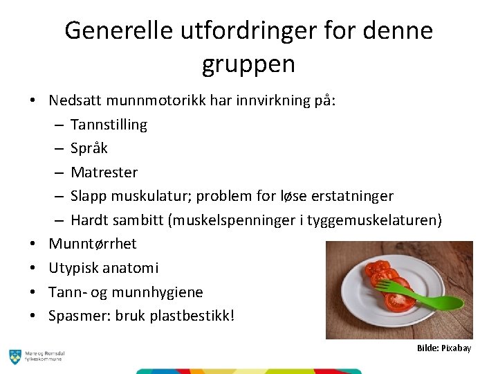 Generelle utfordringer for denne gruppen • Nedsatt munnmotorikk har innvirkning på: – Tannstilling –