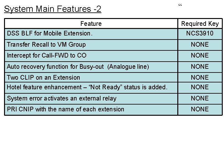 System Main Features -2 Feature DSS BLF for Mobile Extension. “ Required Key NCS