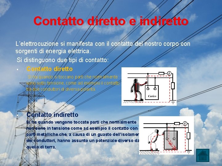 Contatto diretto e indiretto L’elettrocuzione si manifesta con il contatto del nostro corpo con