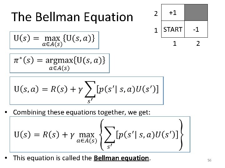 The Bellman Equation 2 +1 1 START 1 -1 2 • Combining these equations