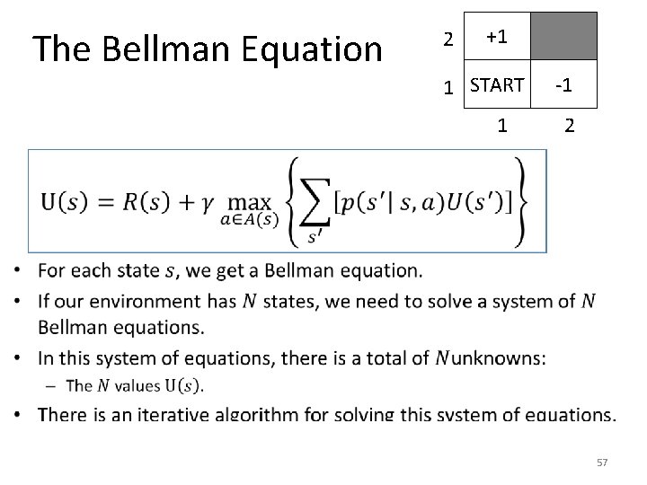 The Bellman Equation 2 +1 1 START 1 -1 2 • 57 