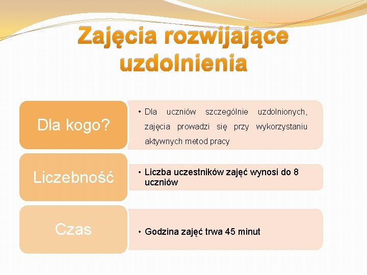 Zajęcia rozwijające uzdolnienia Dla kogo? • Dla uczniów szczególnie uzdolnionych, zajęcia prowadzi się przy