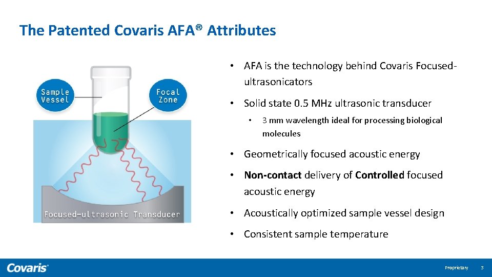 The Patented Covaris AFA® Attributes • AFA is the technology behind Covaris Focusedultrasonicators •