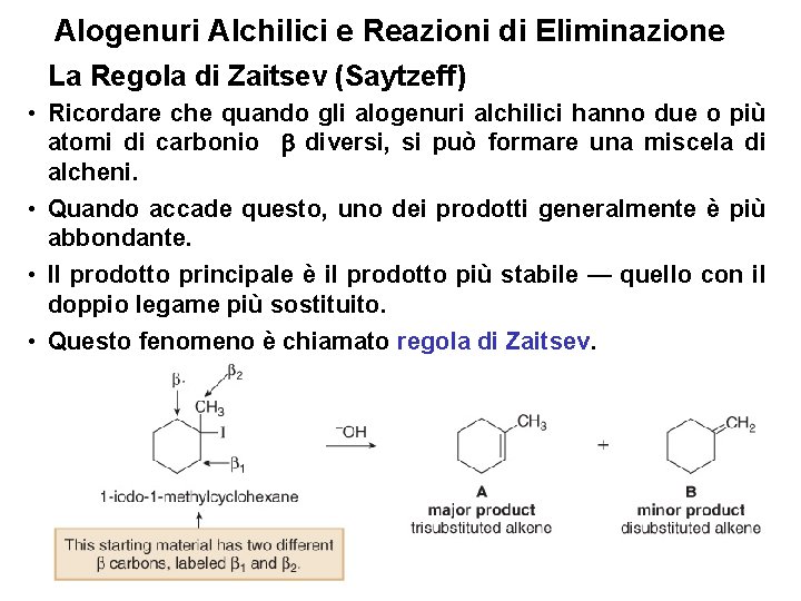 Alogenuri Alchilici e Reazioni di Eliminazione La Regola di Zaitsev (Saytzeff) • Ricordare che