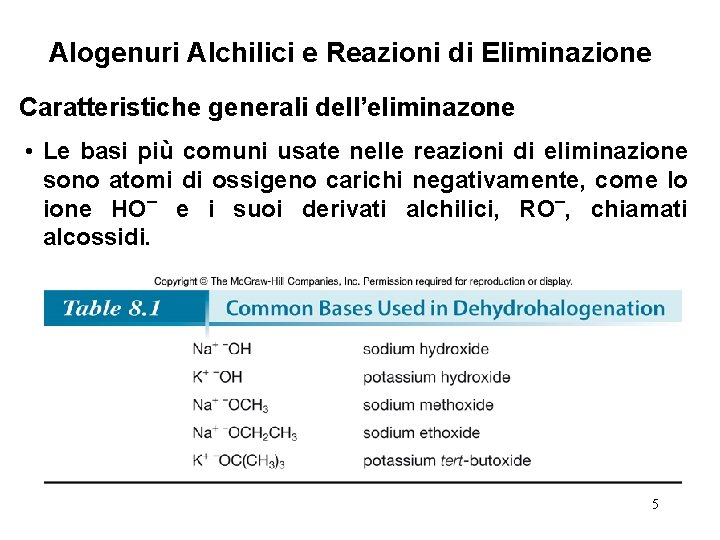 Alogenuri Alchilici e Reazioni di Eliminazione Caratteristiche generali dell’eliminazone • Le basi più comuni