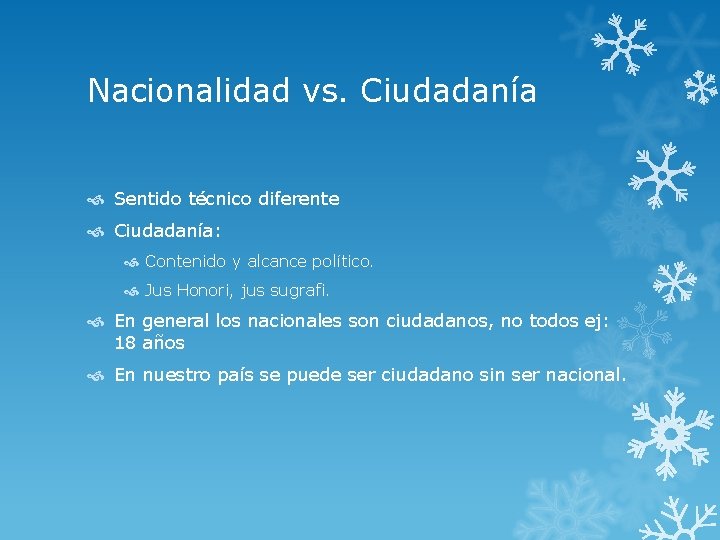 Nacionalidad vs. Ciudadanía Sentido técnico diferente Ciudadanía: Contenido y alcance político. Jus Honori, jus