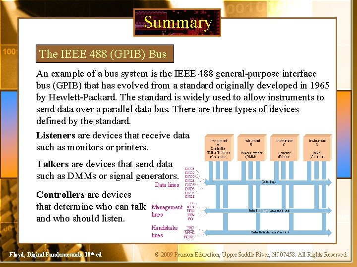 Summary The IEEE 488 (GPIB) Bus An example of a bus system is the