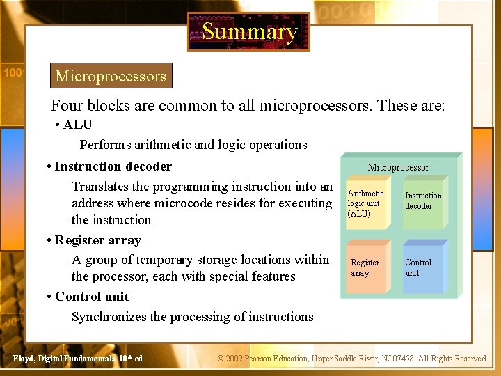 Summary Microprocessors Four blocks are common to all microprocessors. These are: • ALU Performs