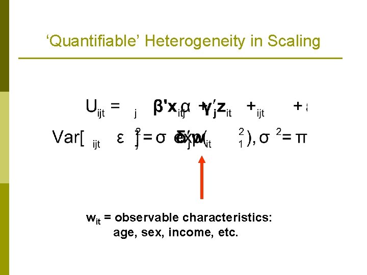 ‘Quantifiable’ Heterogeneity in Scaling wit = observable characteristics: age, sex, income, etc. 