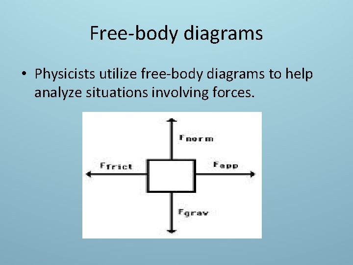 Free-body diagrams • Physicists utilize free-body diagrams to help analyze situations involving forces. 
