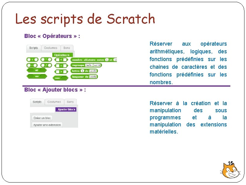Les scripts de Scratch Bloc « Opérateurs » : Réserver aux opérateurs arithmétiques, logiques,
