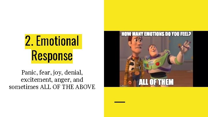 2. Emotional Response Panic, fear, joy, denial, excitement, anger, and sometimes ALL OF THE