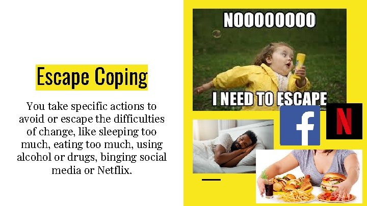 Escape Coping You take specific actions to avoid or escape the difficulties of change,