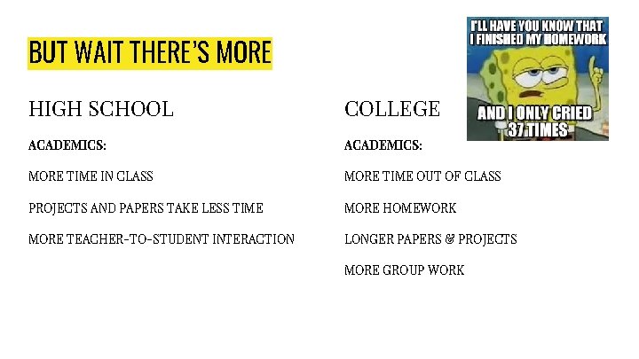 BUT WAIT THERE’S MORE HIGH SCHOOL COLLEGE ACADEMICS: MORE TIME IN CLASS MORE TIME