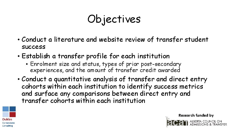 Objectives • Conduct a literature and website review of transfer student success • Establish