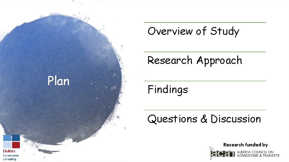 Overview of Study Research Approach Plan Findings Questions & Discussion Researchfundedbyby 