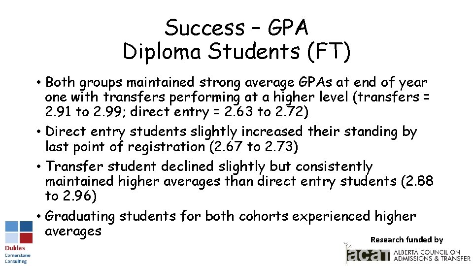 Success – GPA Diploma Students (FT) • Both groups maintained strong average GPAs at