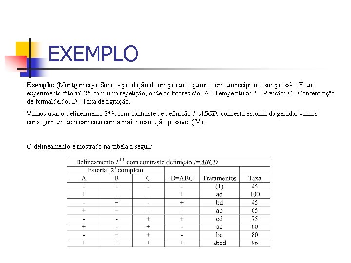 EXEMPLO Exemplo: (Montgomery). Sobre a produção de um produto químico em um recipiente sob EXEMPLO Exemplo: (Montgomery). Sobre a produção de um produto químico em um recipiente sob