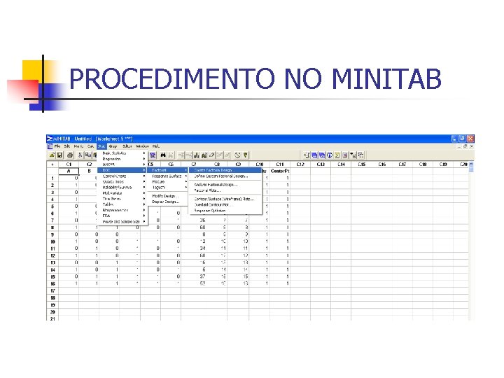 PROCEDIMENTO NO MINITAB PROCEDIMENTO NO MINITAB
