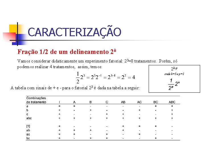 CARACTERIZAÇÃO Fração 1/2 de um delineamento 2 k Vamos considerar didaticamente um experimento fatorial: CARACTERIZAÇÃO Fração 1/2 de um delineamento 2 k Vamos considerar didaticamente um experimento fatorial: