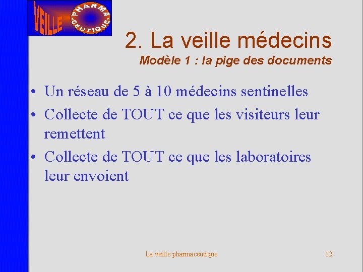 2. La veille médecins Modèle 1 : la pige des documents • Un réseau