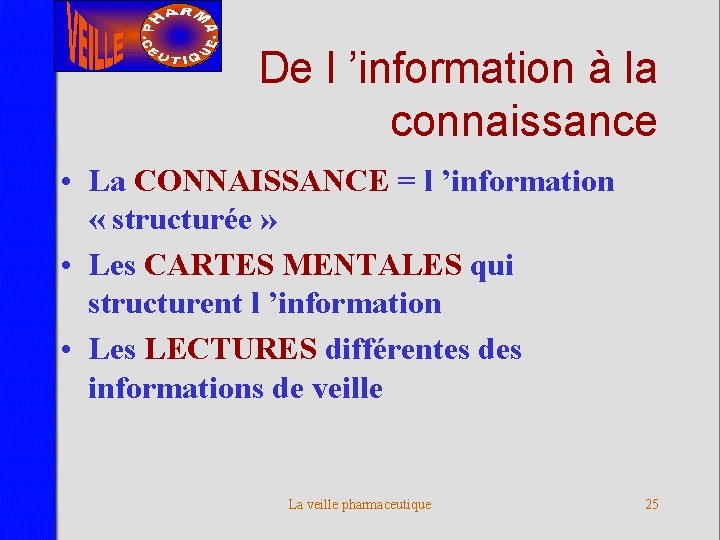 De l ’information à la connaissance • La CONNAISSANCE = l ’information « structurée