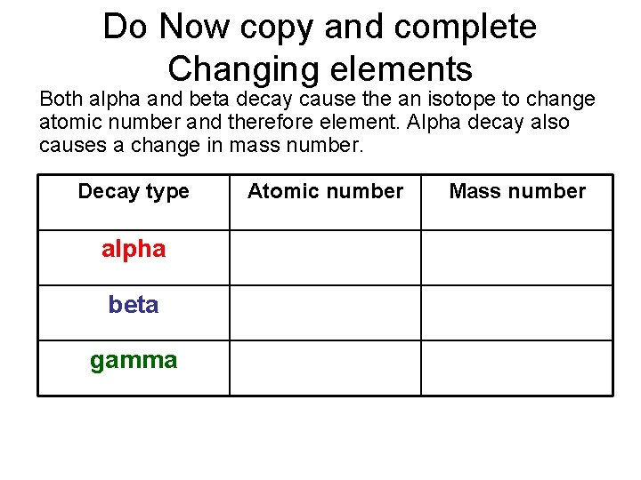 Do Now copy and complete Changing elements Both alpha and beta decay cause the
