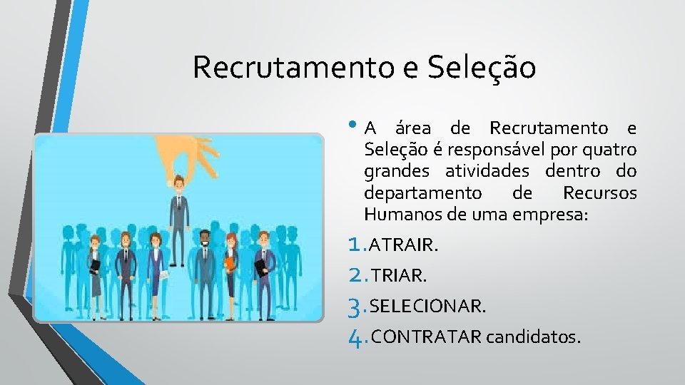 Recrutamento e Seleção • A área de Recrutamento e Seleção é responsável por quatro