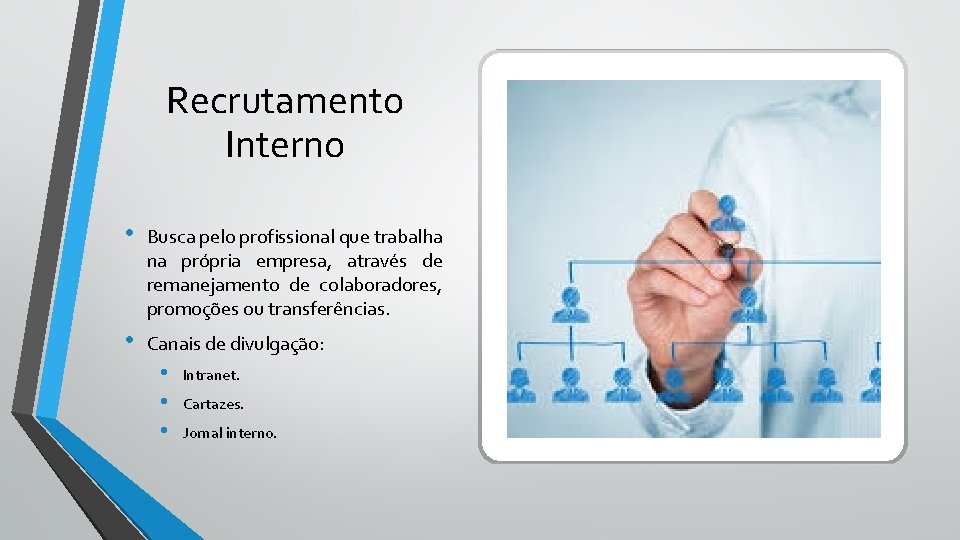 Recrutamento Interno • Busca pelo profissional que trabalha na própria empresa, através de remanejamento