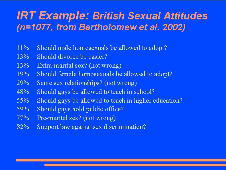IRT Example: British Sexual Attitudes (n=1077, from Bartholomew et al. 2002) 11% 13% 19%