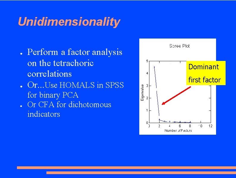 Unidimensionality ● ● ● Perform a factor analysis on the tetrachoric correlations Or. .