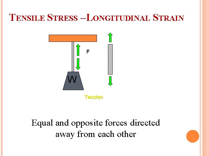 TENSILE STRESS –LONGITUDINAL STRAIN F W Tension Equal and opposite forces directed away from