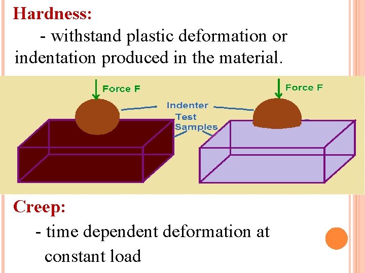 Hardness: - withstand plastic deformation or indentation produced in the material. Creep: - time