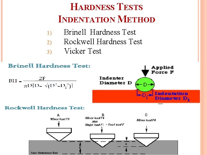 HARDNESS TESTS INDENTATION METHOD 1) 2) 3) Brinell Hardness Test Rockwell Hardness Test Vicker