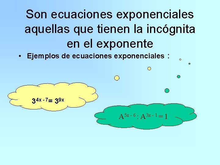 Son ecuaciones exponenciales aquellas que tienen la incógnita en el exponente • Ejemplos de