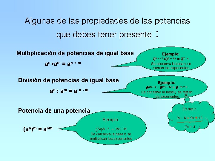 Algunas de las propiedades de las potencias que debes tener presente : Multiplicación de