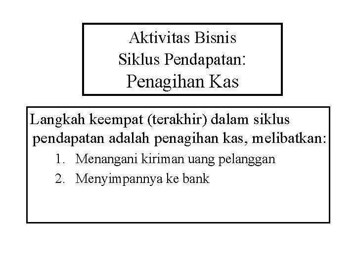 Aktivitas Bisnis Siklus Pendapatan: Penagihan Kas Langkah keempat (terakhir) dalam siklus pendapatan adalah penagihan