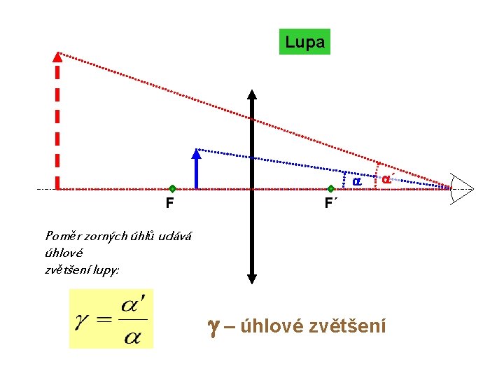 Lupa a F a´ F´ Poměr zorných úhlů udává úhlové zvětšení lupy: g –