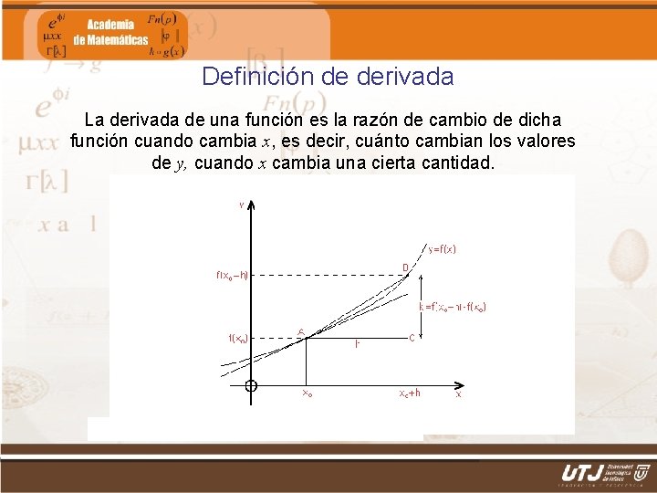 Definición de derivada La derivada de una función es la razón de cambio de