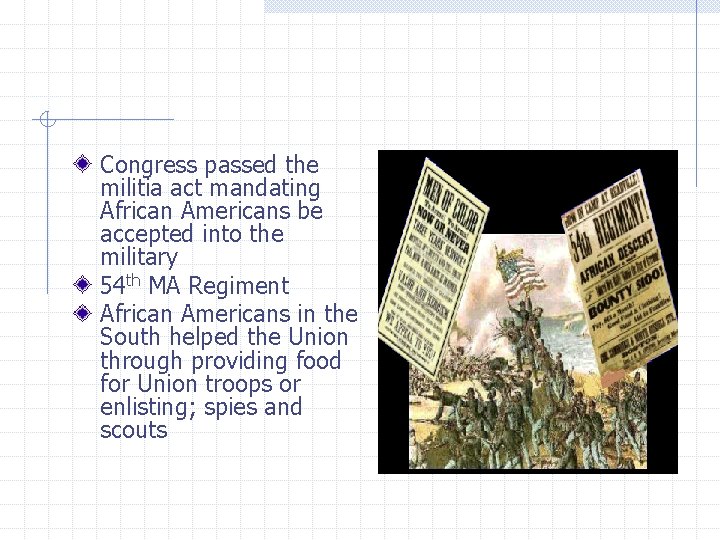 Congress passed the militia act mandating African Americans be accepted into the military 54 Congress passed the militia act mandating African Americans be accepted into the military 54