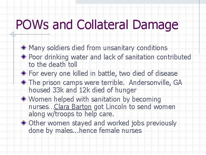 POWs and Collateral Damage Many soldiers died from unsanitary conditions Poor drinking water and