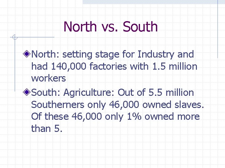 North vs. South North: setting stage for Industry and had 140, 000 factories with